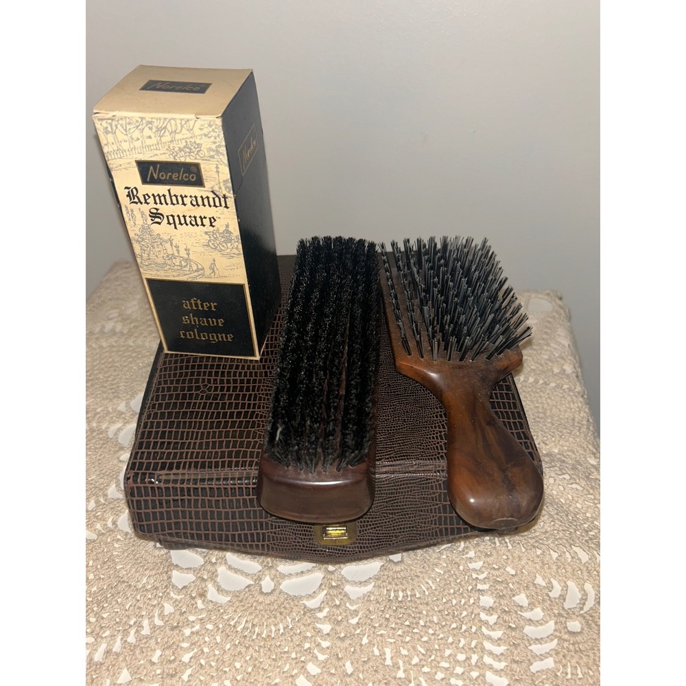 Vintage Norelco Rembrandt Square Mens Grooming Kit Cologne Case Brushes Brown
